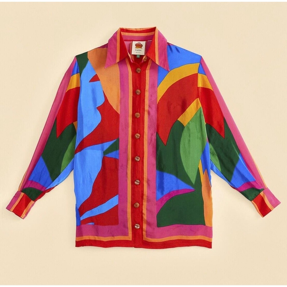 Farm Rio Resort Vibrant Boho Abstract Print Button Down Shirt Womens Small NWT